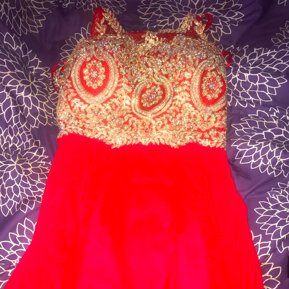 Red satin bridesmaids dress with iridescent jewels